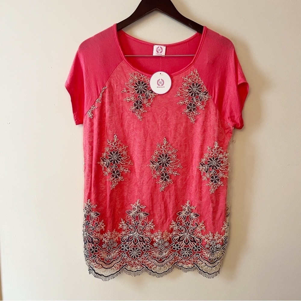 Wanna B Pink Lace Embroidered Floral Blouse Size Large NEW Short Sleeves